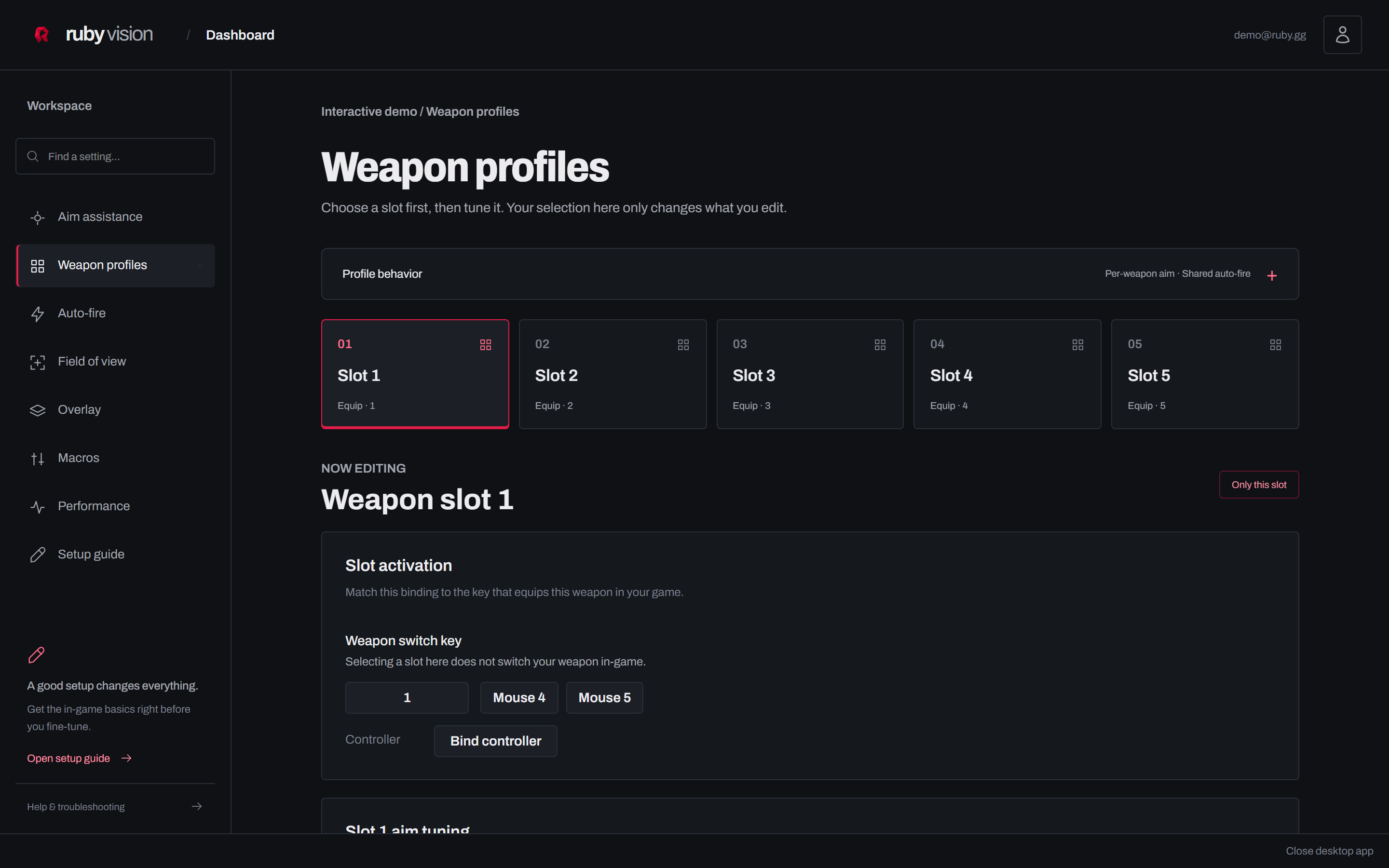 The Ruby Vision dashboard on Weapon profiles: five weapon slots, with slot 1 selected and its weapon switch key binding below.